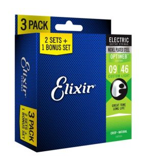 Elixir Nickel Plated Steel Optiweb Electric, Custom Light, 3 PACK, 9-46 (16551)