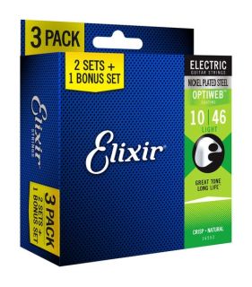 Elixir Nickel Plated Steel Optiweb Electric, Light, 3 PACK, 10-46 (16552)