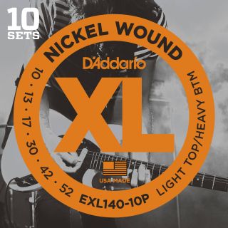 Daddario EXL140 Light Top/Heavy Bottom, 10-52 (10 Pack)