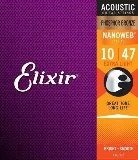 Elixir E16002 Phosphor Bronze Nanoweb Acoustic, Extra Light, 10-47