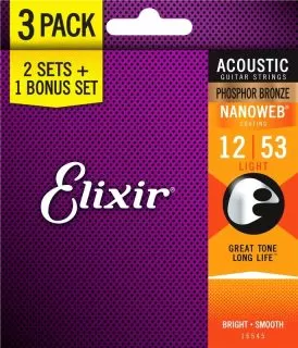 Elixir Phosphor Bronze Nanoweb Acoustic, Light, 3 PACK 12-53 (E16545)