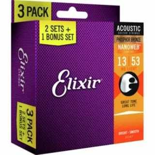 Elixir Phosphor Bronze Nanoweb Acoustic, 13 - 53, 3 PACK (E16547)