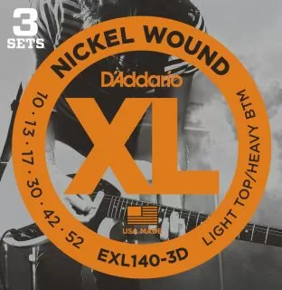 Daddario EXL140 Nickel Wound, Light Top/Heavy Bottom, 10-52 (3 Pack)