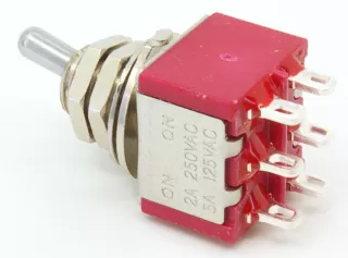 Mini Toggle, DPDT, 2 Position, Solder Lugs, Short Bat
